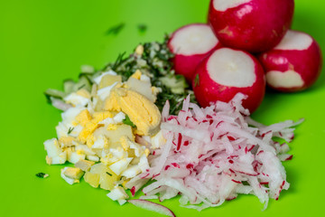 Light salad of radish with cucumber and detox water with cucumbers Healthy diet