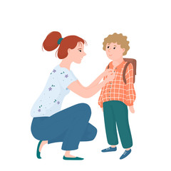 Young mother hunkering down in front of her kid, little boy, seeing him off for school, flat cartoon vector illustration isolated on white background. Young mom seeing her little son off to school