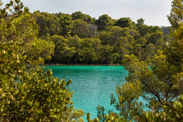 Turquoise bright colored saltwater lakes of the National Park on the island Mljet, Croatia Europe. Mediterranean coast with greenery and trees creating a calm mindful scene.