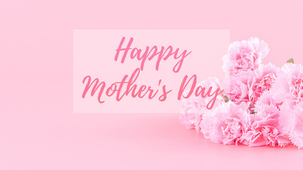 Mother's Day holiday gift design concept, pink carnation flower bouquet with wrapped box isolated on light pink background, copy space.