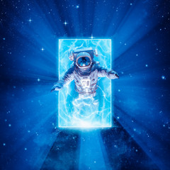 Entering another dimension / 3D illustration of science fiction scene with astronaut passing through glowing energy portal in outer space - 346504621