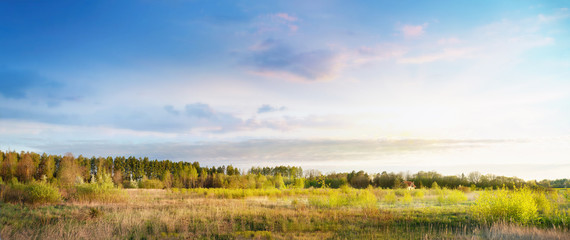 Panoramic view of Virsuziglio nature with a cottage in the spring sunrise