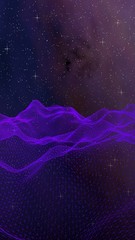 Abstract ultraviolet landscape on a dark background. Purple cyberspace grid. hi tech network. Outer space. Violet starry outer space texture. 3D illustration