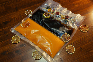 alcoholic cocktail in a vacuum bag for delivery and self-mixing at home