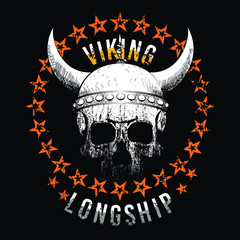 Vector design for t-shirt of a skull with viking helmet, with a circle of orange stars on a black background.