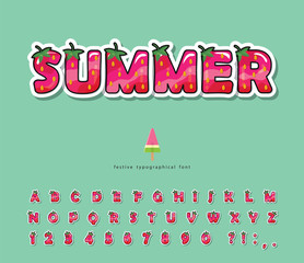 Summer font. Cartoon 3d decorative alphabet. Strawberry letters and numbers. For packaging, poster, banner, T-shirt, birthday card design. Vector
