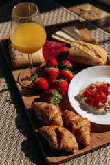 Food Breakfast croissants juice strawberries baguette porridge