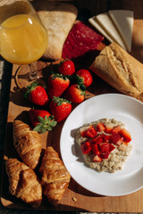 Food Breakfast croissants juice strawberries baguette porridge