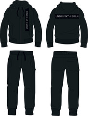 man suit set zipper hoodie jacket joggers pants black london template