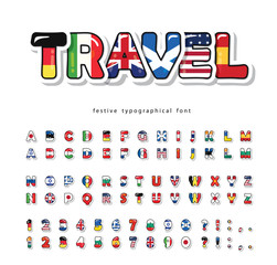 World flags cartoon font. Bright decorative alphabet. There are 2 different types of each letter and number in the set. Tourism and travel. Vector