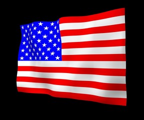 Waving flag of the United States of America on a dark background. Stars and Stripes. State symbol of the USA. 3D illustration