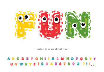 Funny font for kids. Cute monster characters. Cartoon colorful letters and numbers. For birthday, school, Halloween, T-shirt design. Vector