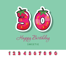 Happy birthday 30 greeting card template. Thirty years anniversary. Cartoon strawberry decorative numbers set. Vector