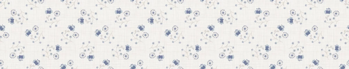 Wallpaper murals Farmhouse style  Seamless tossed floral pattern in french blue linen shabby chic style. Hand drawn country bloom texture. Rustic woven background. Kitchen towel home decor swatch. Simple flower motif all over print