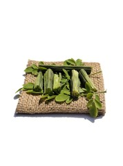 Moringa Oleifera or Drumstick Pods and Leaves on Burlap Fabric Isolated on White Background in Vertical Orientation