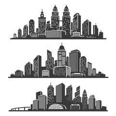 Set of cityscape black silhouettes with buildings, skyscrapers, bridge, tower, landmark. Urban landscape.