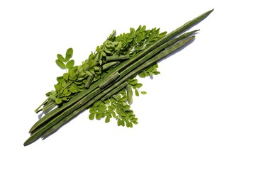 Drumstick Pods and Moringa Oleifera Leaves Isolated on White Background with Copy Space in Horizontal Orientation