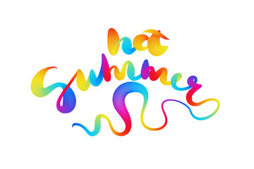 Hot summer lettering made by colorful rainbow fire or burning flame lettering over white background