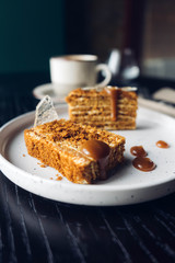 Honey cake with salted caramel and coffee