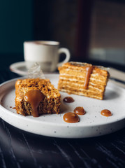Honey cake with salted caramel and coffee