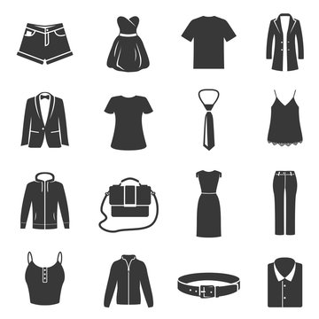 Set of female, male dress, clothes black silhouette icons isolated on white. Accessories pictograms.