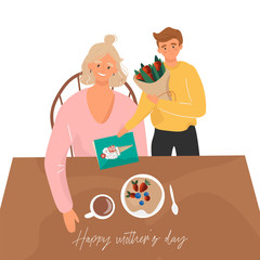 Happy mother's day. Cute vector flat illustration for mom. A son who congratulates mom at breakfast on Mother's Day and presents gifts.
