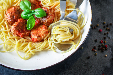 pasta spaghetti meatballs and tomato sauce Menu concept healthy eating. food background top view copy space for text