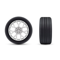 Detailed realistic wheels icons set. Car care service centre, mounting, winter tire replacement.