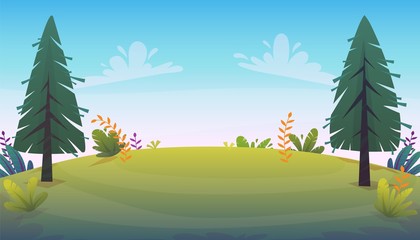 grass glade lawn in the forest background, joyful bright kids green field, cartoon style hill summer sun clear sky with clouds bushes and flowers in the garden with fir trees , vector