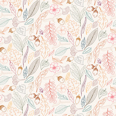 Leaves, flower, branches are hand-draw, doodle graphic, vector seamless pattern 