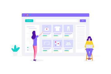 E-Commerce Management Online Shopping Flat Vector Illustration, Suitable for Web Banners, Infographics, Book, Social Media, And Other Graphic Assets