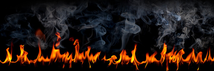 Fire flames with smoke on black background, Burning red hot sparks rise, Fiery orange glowing...