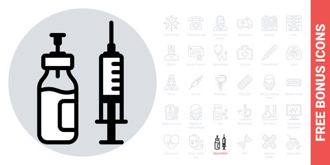 Vaccine bottle with syringe icon. Medical injection or vaccination concept. Simple black and white version. Free bonus icons kit included