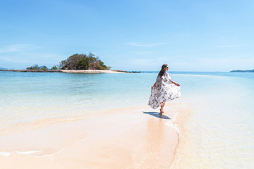 Fototapeta na wymiar Rear view: Attractive woman in a long flying dress walks along the seashore. Romance and tropical enjoyment.