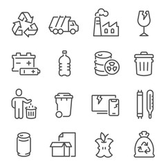 Big set of waste sorting, recycling thin line icons isolated on white. Garbage collection outline pictograms.