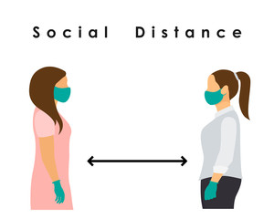 social distance two women in medical masks and gloves stand in front of each other. flat vector illustration