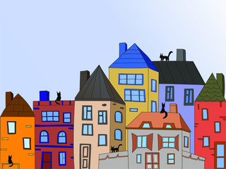 Naklejka premium city ​​building vector. Small town. Cute colorful houses drawn by hand. Black cats walk on the roofs. Night, big moon and stars
