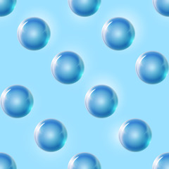 Seamless abstract pattern with glass blue balls or precious pearls. Glossy realistic ball. 3D vector illustration highlighted on a light background. Metal bubble.