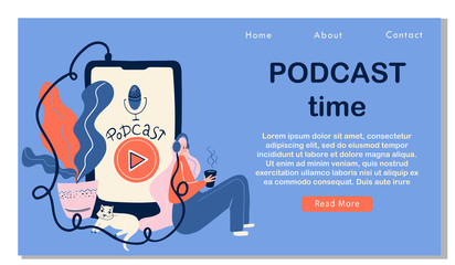 Podcast concept illustration. Webinar, online training, tutorial podcast concept. Young female listening to podcasting sitting on the floor of the house. Website landing page, web page