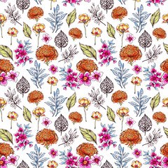 Spring summer botanical  blossom foliage ancient bouquet watercolor colorful  for wedding iseamless repeat pattern card party flower and plants