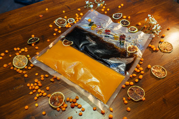 alcoholic cocktail in a vacuum bag for delivery and self-mixing at home