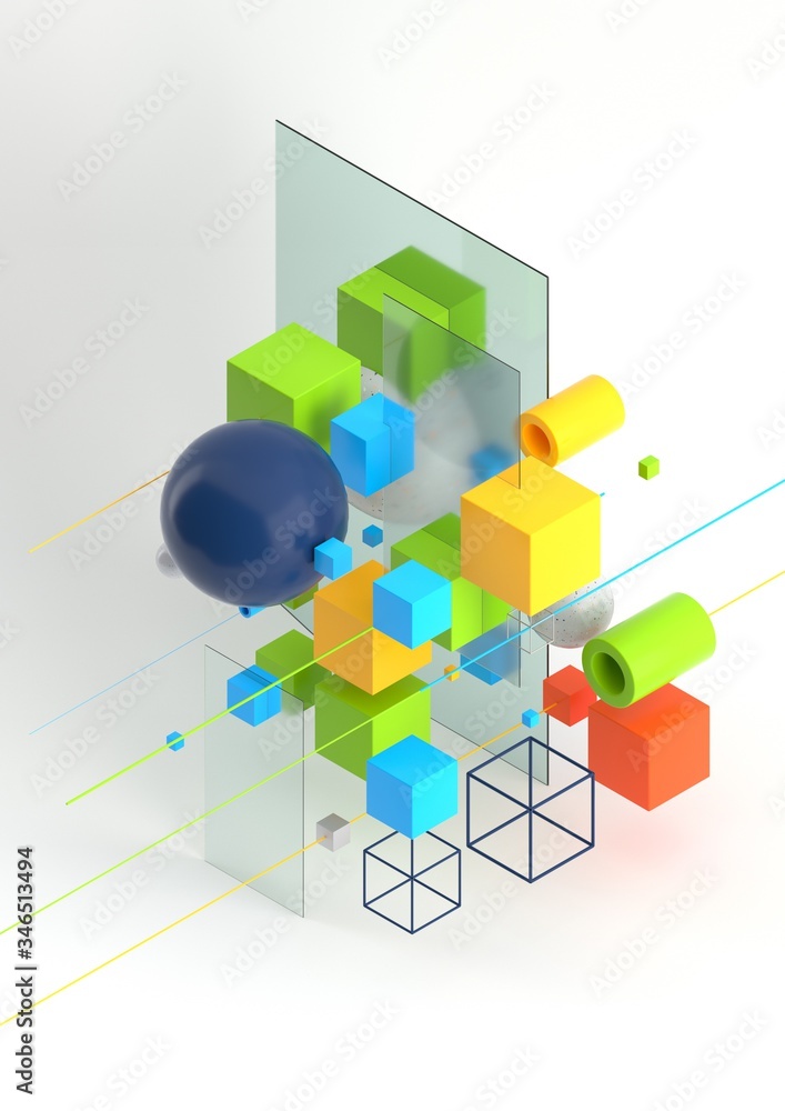 Leinwandbilder Abstract 3d render visualization background, template modern composition of geometric shapes in isometric . Cube, sphere, cylinder, line.