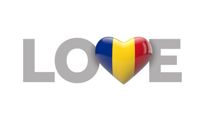 Love Romania heart shaped flag with love word. 3D Rendering