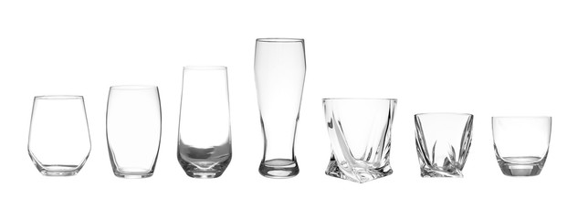 Set of different empty glasses on white background. Banner design