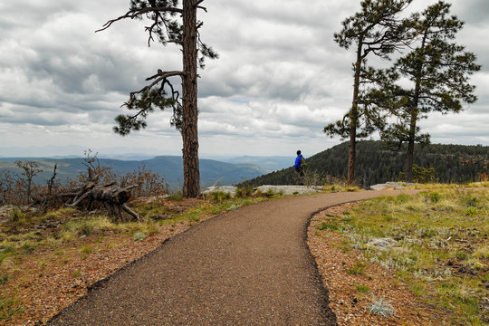 Forest Road/Hiking Trail By The Mogollon Rim, Payson Arizona/ A Calm Cloudy Day Landscape/ A Man, At The Distance, Standing Alone, By The Cliff Enjoying The Beauty Of Nature.