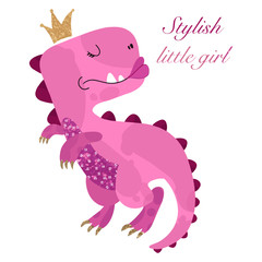 Little cute dinosaur princess. Vector illustration.