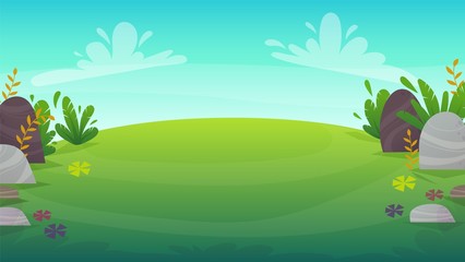 grass glade lawn in the forest background, joyful bright kids green field, cartoon style hill summer sun clear sky with clouds bushes and flowers in the garden with fir trees , vector - obrazy, fototapety, plakaty