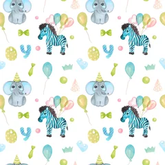 Tapeten Nahtloses Muster Aquarellillustration eines netten Babys Zebra, Elefant. Festlicher Charakter in Krone, Bogen, Luftballon Safaritier für Einladungskarten, Babyparty, Kinderzimmerwandkunst © Evgeniia