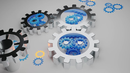 3D render illustration of abstract metallic cogwheels, gears with smaller colorful, blue gears on plain white surface. Technology mechanisms background. Machines concept