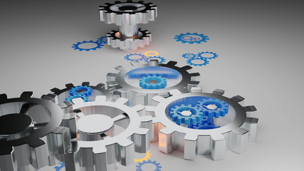 3D render illustration of abstract metallic cogwheels, gears with smaller colorful, blue gears on plain white surface. Technology mechanisms background. Machines concept